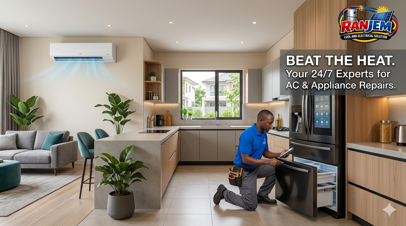 Ranjem Cool and Electrical Solution technician repairing a modern French-door refrigerator in a clean Kenyan kitchen with a split-unit air conditioner running in the background.