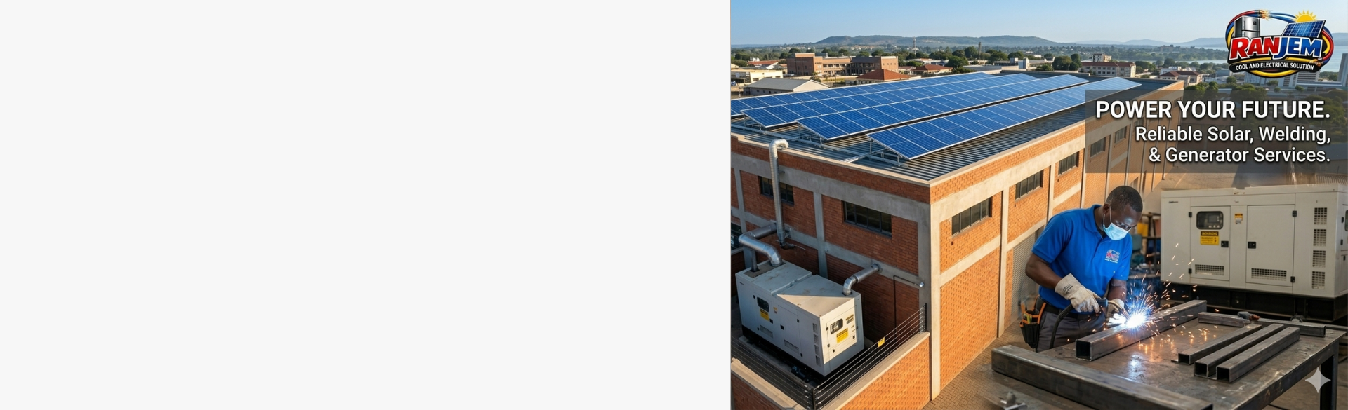 Technical wide shot of solar panel installation on a rooftop in Bungoma, featuring a Ranjem technician welding custom mounts with a backup generator in the background.